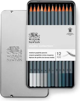 Obrázok produktu pre Grafitové ceruzky Winsor & Newton, 12ks Medium v kovovej krabičke