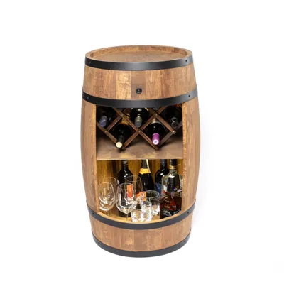 A wooden barrel-shaped wine cabinet with shelves and a wine rack, against a white background.