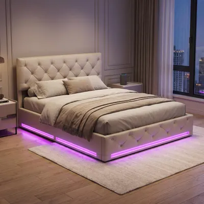 Obrázok produktu pre Postel s pružinovou základňou INONEFT, 140x200 cm, s LED osvetlením, čalúnená posteľ s nastaviteľnou opierkou hlavy, posteľ s úložným priestorom, dvojlôžko s roštom a úložným priestorom, materiál: PU, farba: béžová
