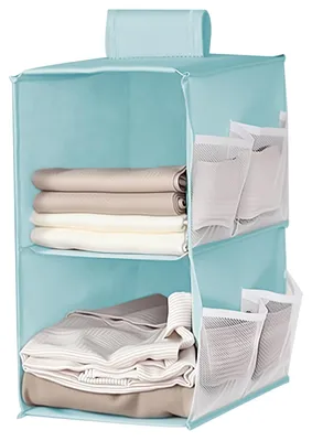 Produktbild von Kleiderschrank-Organizer, Hängeorganizer für Kleiderschränke, 2 Fächer, Hängeorganizer für Kleiderschränke mit 4 seitlichen Netztaschen, faltbares, platzsparendes Aufbewahrungssystem für Zimmer - blau