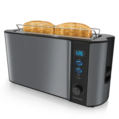 A toaster with two slices of bread in it, shown on a white background.