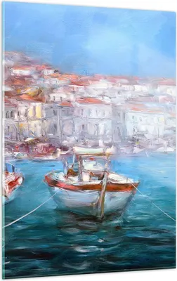 Produktbild von Bilder auf glas - Einteilig - Öl Boote Griechenland - 50x70cm - Glasbilder - Wandbilder - Bilder - zum Aufhängen bereit - Wanddekoration aus Glas - Glas Bilder - Wandbild auf Glas - GPA50x70-4467