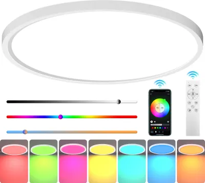 A product image showing a white LED ceiling light, along with controls and color options.