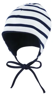 Produktbild von modAS Baby Mütze aus Baumwolle - Kopfbedeckung Mädchen Jungen mit Bindeband und Ohrenschutz in Weiß-Blau 43 cm – ca. 6-9 Monate