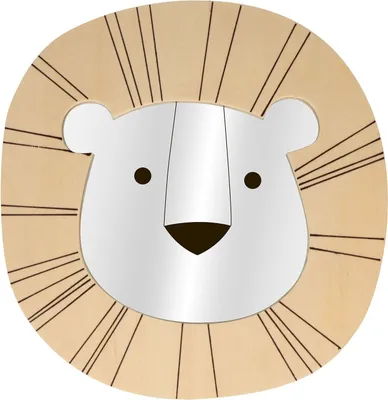 A mirror shaped like a lion's head, with a wooden frame and a mirrored center.