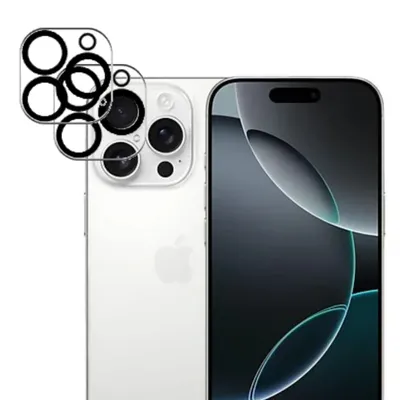 A white iPhone with a close-up of its camera lenses and a separate image of camera lens protectors.