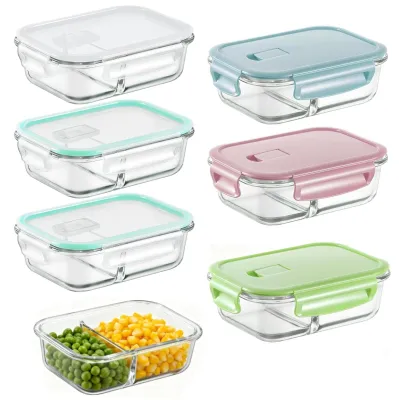 Productafbeelding van Glazen containers, 6 stuks - Lekdichte/luchtgedichte voedselopslagcontainers - Borosilicaatglas - 640 ml - 2 compartimenten - Afmetingen 17,1 x 12,6 x 5,3 cm - Voor het n van voedsel