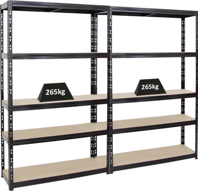 Produktbild von Mega Deal | 2x Schwerlastregal Giant Tiger | HxBxT 200x120x40cm | Fachlast 265kg | 5-Ebenen | Schwarz | Garagenregal, Lagerregal, Steckregal, Kellerregal, Werkstattregal