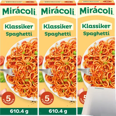 Produktbild von Miracoli Spaghetti mit Tomatensauce Klassiker 5 Port. Packung 3er Pack (3x610,4g) + usy Block