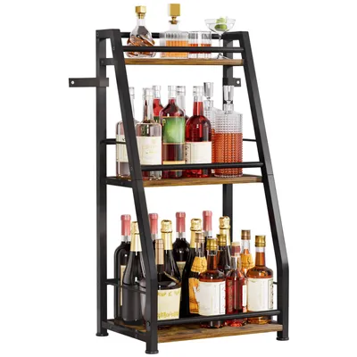 A three-tiered shelf unit filled with bottles of wine and spirits.