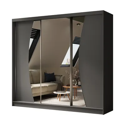 A sliding door wardrobe with mirrored panels reflecting a room interior.