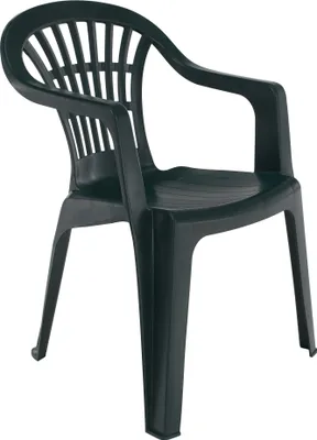 A dark green plastic garden chair shown from a three-quarter angle against a white background.