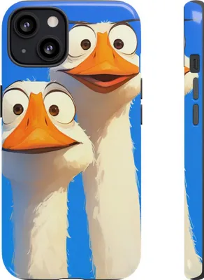 Produktbild von Zwei lustige Gänse mit großen Augen auf blauem Hintergrund – Hülle Kompatibel mit iPhone 13