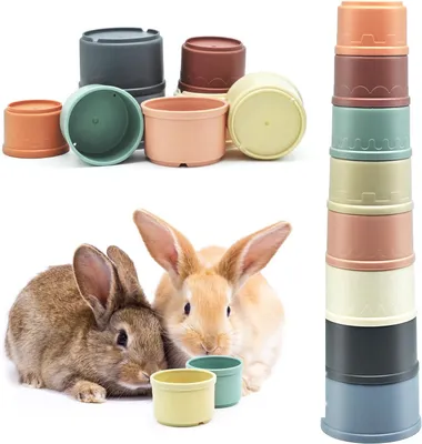 Productafbeelding van 8 Stuks Stapelbekers voor Konijnen - Nestspeelgoed - Stapelbaar Voer en Speelgoed voor Kleine Dieren - Haasjes (Kleur Morandi)