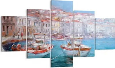 Produktbild von Bild auf Leinwand - Leinwandbild - 5 Teile - Öl Boote Griechenland - 125x70cm - Wand Bild - Wanddeko - Wandbilder - Leinwanddruck - Bilder - Wanddekoration - Leinwand bilder - Wandbild - EA125x70-4467