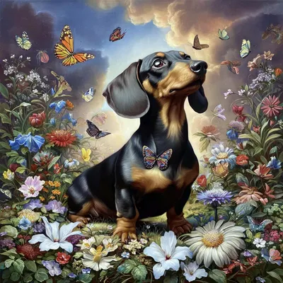 Productafbeelding van Diamond Painting Set: Dackel in een bloementuin, 30x30 cm, DIY, 5D, knutselset, wanddecoratie