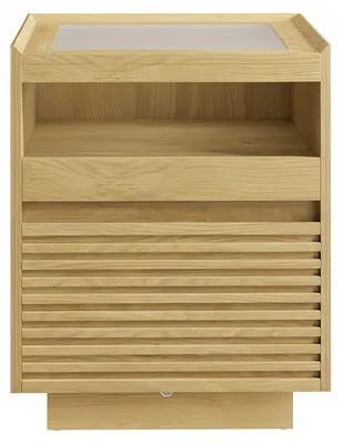Immagine prodotto di Tavolino da notte con illuminazione a LED, cassetto e piano estraibile, in legno di quercia naturale | 45x40x55 cm