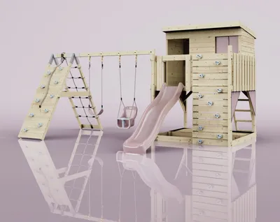 Produktbild von OutdoorToys Spielturm Aksel aus Holz in Rosa Altrosa, mit Babyschaukel