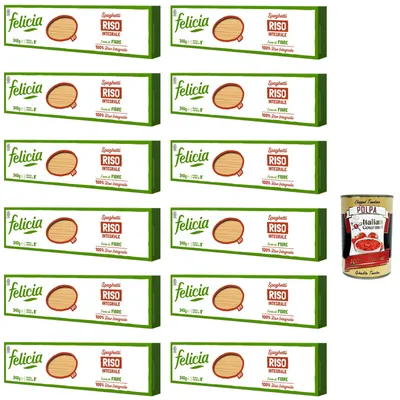 Produktbild von Felicia Spaghetti di Riso Integrale, Pasta mit 100 % braunem Reis aus der italienischen Lieferkette, Natürlich Glutenfrei, 12 x 340g + Polpa 400g