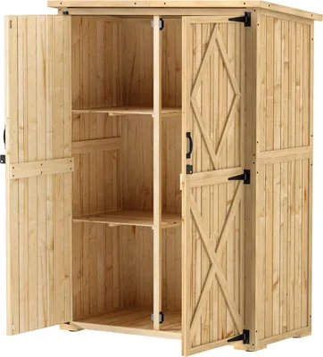 Produktbild von Gartenschrank Holz, Geräteschuppen mit Abschließbar Doppeltür Asphalt-Dach Ablage 116,5x57x167cm, wetterfest Geräteschrank, Gerätehaus Gartenschuppen für Garten, Terrasse, Naturholz |