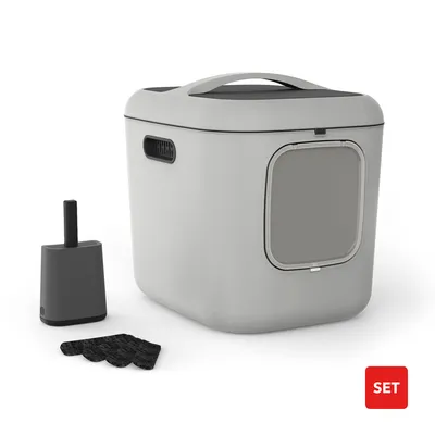 Produktbild von Rotho Katzentoilette mit Haube Bea XL – 61,4 x 49,5 x 57,3 cm – 13,5 cm Einstieg – großes Katzenklo mit Filter, Schaufel & Magnetklappe – geruchsdicht & recycelter Kunststoff