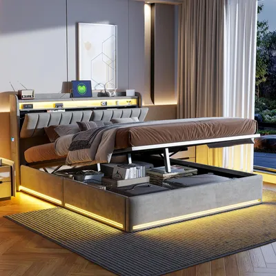 Produktbild von Bett - Doppelbett mit Stauraum - 140 x 200 cm - Bettrahmen aus Holz - Zwei oder mehr Schubladen - Minimalistisches modernes Design - Einfache Montage - Beige