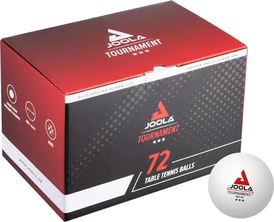 A box of JOOLA Tournament ABS 40 table tennis balls, with one ball shown in front of the box.