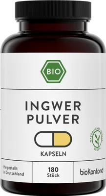 Produktbild von Ingwer Kapseln | 180 Kapseln | Ingwerpulver vegan und ohne Zusätze | in Deutschland hergestellt und labor | bioKontor