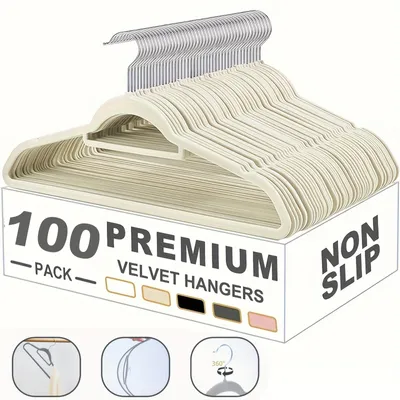 Immagine prodotto di 100 pezzi Appendiabiti antiscivolo, salvaspazio, ruotabili a 360°, appendiabiti in velluto antiscivolo, appendiabiti premium con portacravatte, bianco