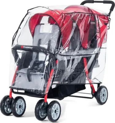 A red and gray double stroller covered by a clear plastic rain cover, shown from the front-left.