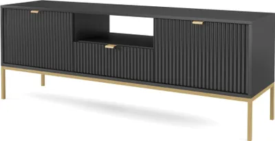 Produktbild von BETTSO Geriffelt TV-Schrank RTV-Schrank TV-Tisch Goldgriffe 2 Türen Schublade und Ablage NOVA 154 cm Schwarz auf Goldrahmen