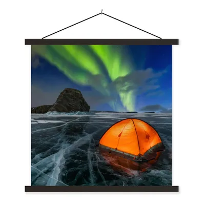 Produktbild von MuchoWow® Textilposter Nordlichter - Zelt - Eis - Skandinavien 90x90 cm mit schwarzem Rahmen - Magnetisches