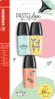 Produktbild von Textmarker - STABILO BOSS MINI Pastellove - 3er Pack - zartes Türkis, pudriges Gelb, cremige Pfirsichfarbe