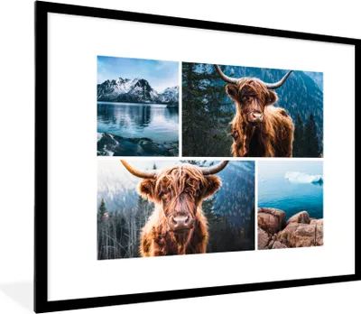 Produktbild von MuchoWow® Gerahmtes Poster Schottischer Highlander - Collage - Berg 80x60 cm - Poster mit Schwarzem Bilderrahmen Wandposter Rahmen Foto Bilder - Schlafzimmer-Dekorationen - Fotoposter