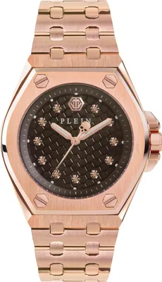A close-up studio shot of a rose gold watch with a black dial.