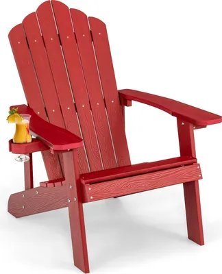 Produktbild von COSTWAY Adirondack Stuhl mit Getränkehalter, wetterfester Gartenstuhl, Gartensessel aus Kunststoff, Outdoor-Stuhl bis 170 kg Rot