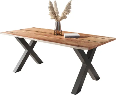 Produktbild von Baumkantentisch Akazie mit schwarzen Resin-Adern naturfarben 220 x 100 cm X-Gestell schwarz POLLY