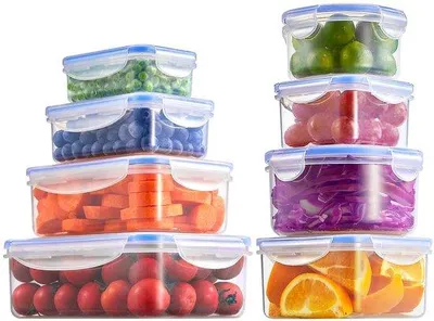 Zdjęcie produktu dla Zestaw plastikowych pojemników, 8 sztuk, bez BPA, z możliwością układania w stosy, przezroczyste, nadające się do użycia w kuchence mikrofalowej i zamrażarce
