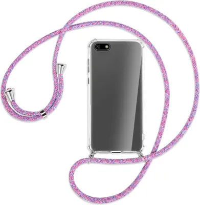 Produktbild von Handykette Backcover-Schutzhülle mit Band (Metall silberfarben) für Huawei Y5 (Prime) 2018 / Honor 7S - lila/rosa/blau