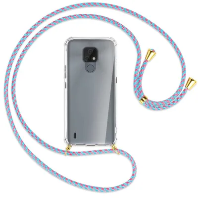 Produktbild von Handykette Backcover-Schutzhülle mit Band (Metall goldfarben) für Motorola Moto E7 - pink/mint