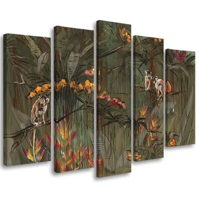 Produktbild von 5-teiliges leinwandbild affen im dschungel 150x100 cm Feeby grün wandbild bereit zum aufhängen