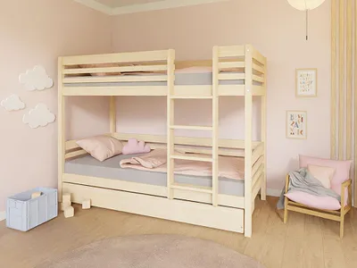 Produktbild von Etagenbett TULY mit Leiter 90x200 cm – Transparente, matte Wachslasur – Links – Doppelbettkasten