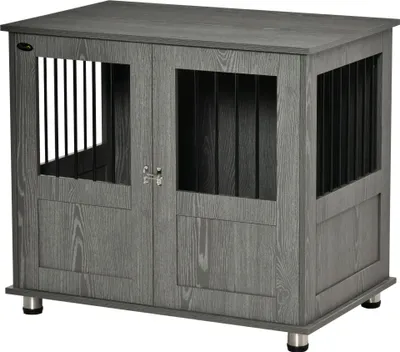 Produktbild von Hundebox, Haustierbox, Hundehütte mit Schloss, Magnettür, Hundehaus mit Fenster, für große Hunde, 85 x 55 x 75 cm, Grau
