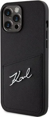 Produktbild von Karl Lagerfeld Saffiano Card Slot Metal Signature Case für iPhone 13 Pro Max Schwarz Handyhülle Schutzhülle