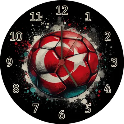 A round wall clock with a black background, featuring a stylized soccer ball with the Turkish flag design in the center.