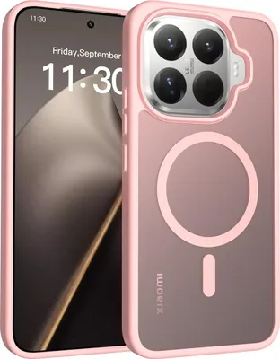 A pink phone case with a transparent back is shown next to a smartphone.