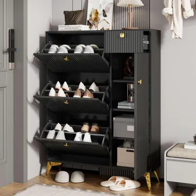 Produktbild von AIORBER Schuhschrank mit 3 Klappen und Schublade Schuhkipper schmal für Flur und Diele Platzsparender Schuhregalschrank mit Tür Holz-Metall-Design 90x25x121cm Schwarz
