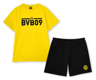 Immagine prodotto di Pigiama del Borussia Dortmund, nero e giallo, composto da maglia e pantaloni. Collezione esclusiva