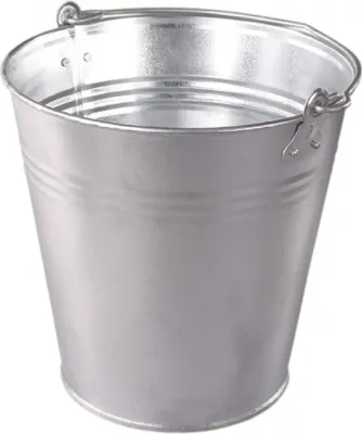 A silver metal bucket with a handle is shown against a white background.