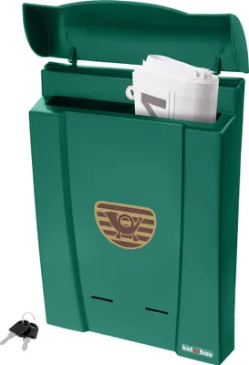 A green plastic mailbox with a newspaper inside and two keys in the lower left corner.